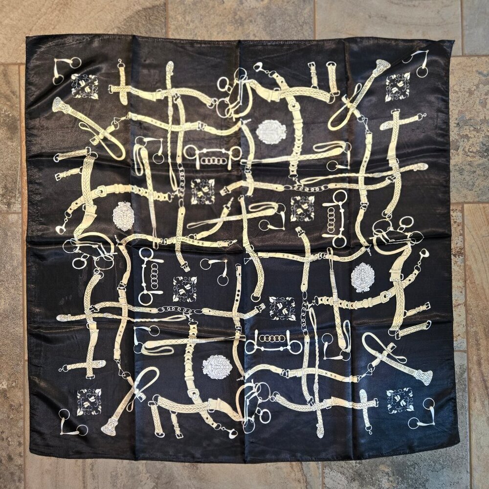 Large Square Scarf Black with Gold "Strap" Pattern Satiny Finish Neutral Tones